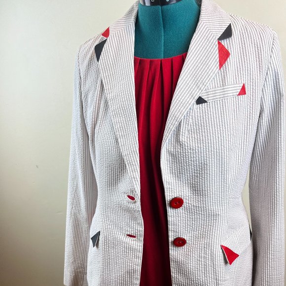 Cream & Gray Striped Seer Sucker Jacket Customized with Black/Red Embellishment - Picture 3 of 9